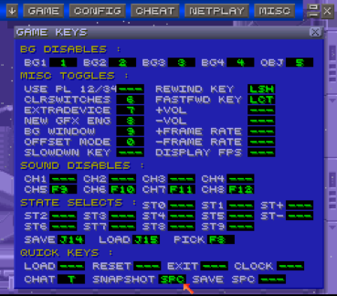Image of ZSNES Game Key's menu